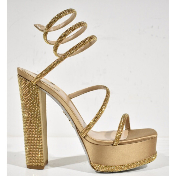 Rene Caovilla Cleo Gold Platform Crystal Wrap Strap Sandal Block Heel Pump 40 - Picture 2 of 12